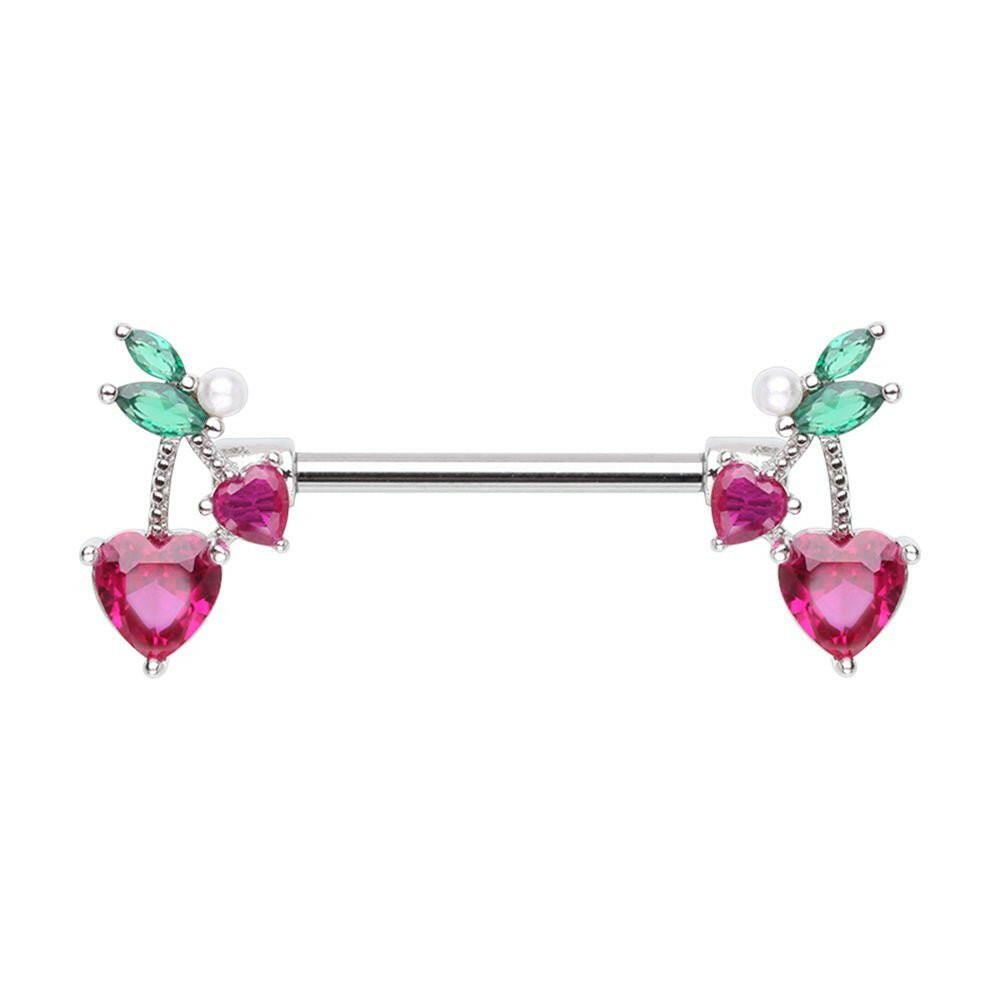 Cherry Heart Drop Nipple Barbell Ring Nipple Ring Impulse Piercings 14 GA Length (16mm)