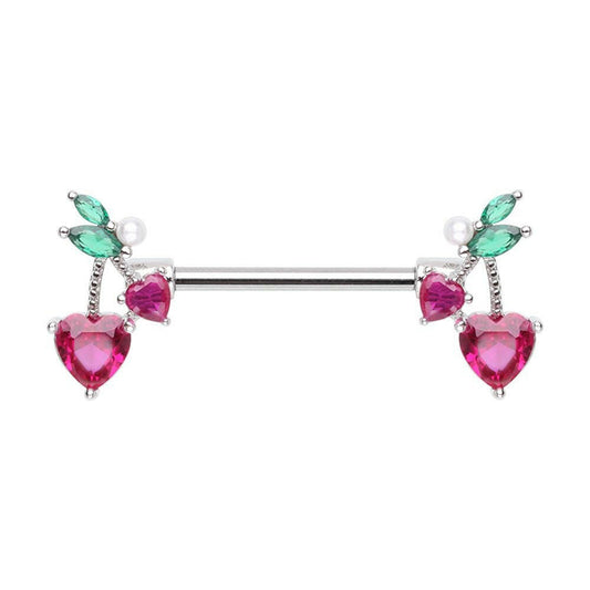 Cherry Heart Drop Nipple Barbell Ring Nipple Ring Impulse Piercings 14 GA Length (16mm)