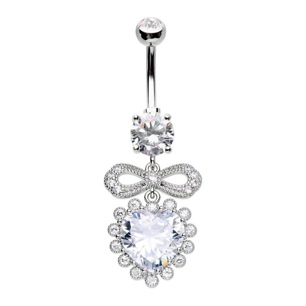 Chunky Heart Bow CZ Dangle Cubic Zirconia Belly Button Ring Belly Button Ring Impulse Piercings 14 gauge (10mm)