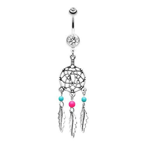 Classic Beaded Dream Catcher Belly Button Ring Navel Ring Impulse Piercings Clear/Pink