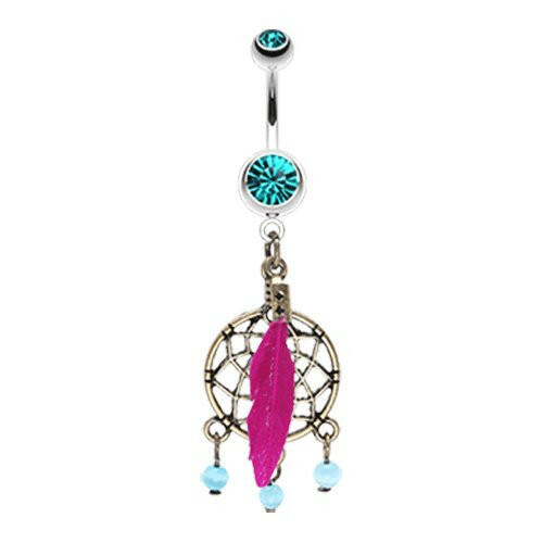 Classic Bronze Tone Dream Catcher Belly Button Ring Navel Ring Impulse Piercings Teal