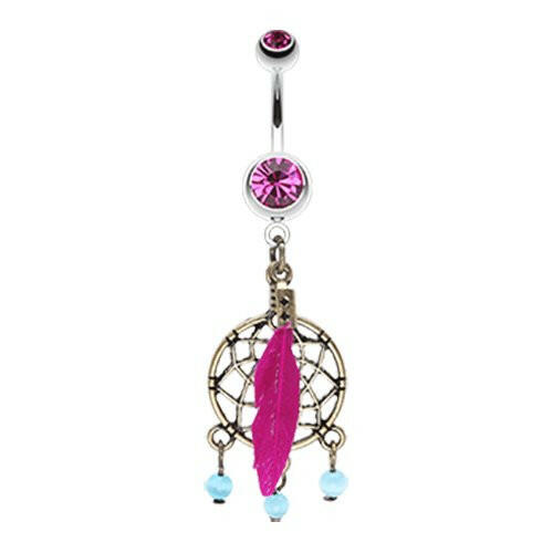 Classic Bronze Tone Dream Catcher Belly Button Ring Navel Ring Impulse Piercings Fuchsia