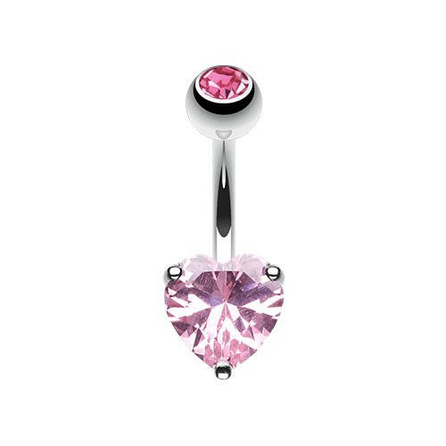 Classic Cubic Zirconia Heart Prong Sparkle Belly Button Ring Navel Ring Impulse Piercings Pink