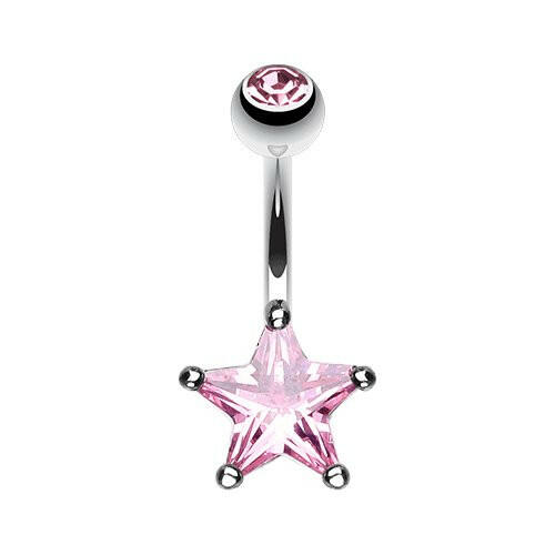 Classic Cubic Zirconia Star Prong Sparkle Belly Button Ring Navel Ring Impulse Piercings Pink