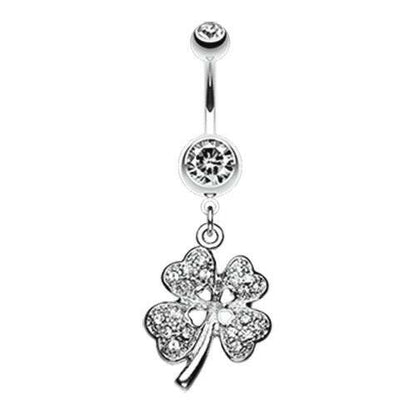 Classic Four Leaf Clover Sparkle Belly Button Ring Navel Ring Impulse Piercings Clear