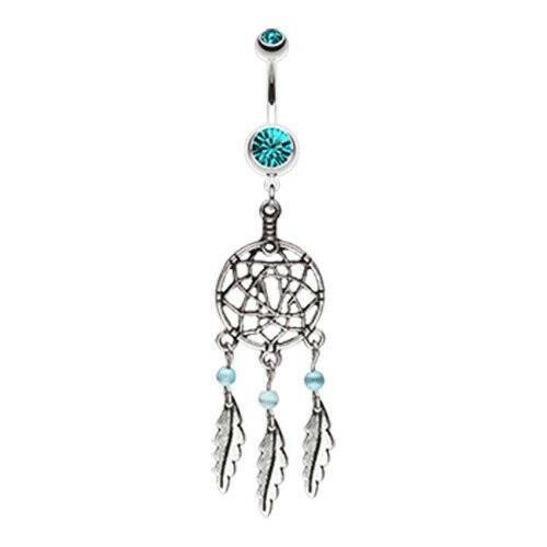 Classic Pewter Dream Catcher Belly Button Ring Navel Ring Impulse Piercings Teal