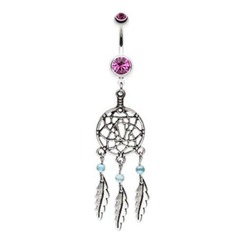 Classic Pewter Dream Catcher Belly Button Ring Navel Ring Impulse Piercings Fuchsia