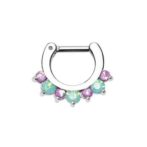 Classic Prong White Opal Gem Septum Clicker Septum Ring Impulse Piercings 16 GA (1.2mm) 1/4" (6mm) Purple/ Pacific Opal