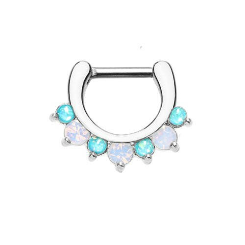 Classic Prong White Opal Gem Septum Clicker Septum Ring Impulse Piercings 16 GA (1.2mm) 1/4" (6mm) Teal/White