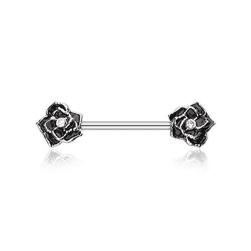 Classic Rose Sparkle Nipple Barbell Ring Nipple Ring Impulse Piercings 14 GA (1.6mm) Black/Clear