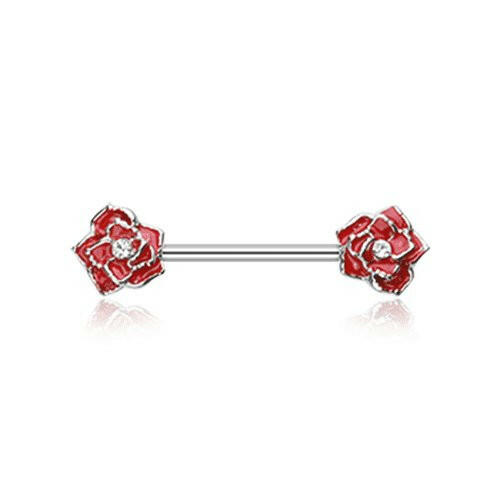 Classic Rose Sparkle Nipple Barbell Ring Nipple Ring Impulse Piercings 14 GA (1.6mm) Red/Clear