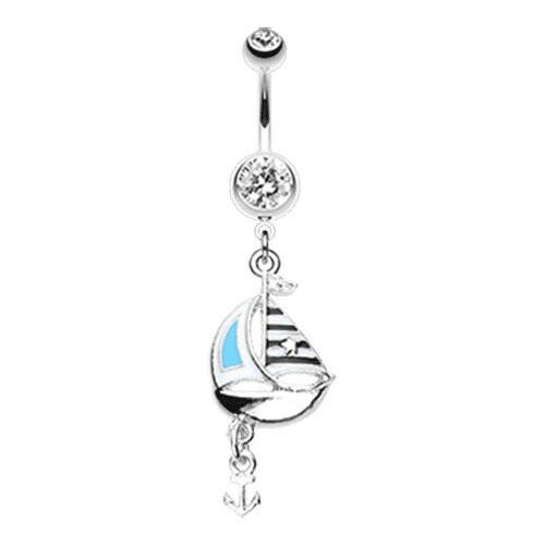 Classic Sail Boat Anchor Dangle Belly Button Ring Navel Ring Impulse Piercings 14 gauge (1.6mm) Clear