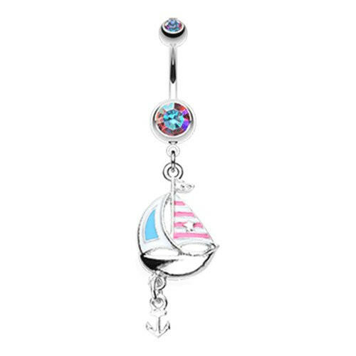 Classic Sail Boat Anchor Dangle Belly Button Ring Navel Ring Impulse Piercings 14 gauge (1.6mm) Pink/Aurora Borealis