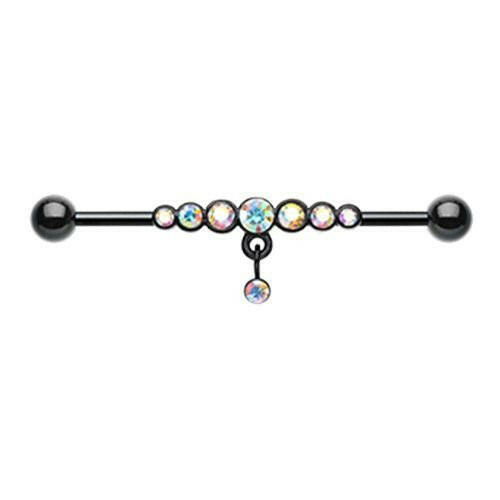 Colored Dazzling Gem Row Dangle Industrial Barbell Industrial Barbell Impulse Piercings Black/Aurora Borealis