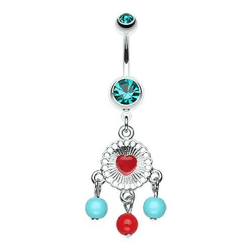 Colorful Heart Dream Catcher Belly Button Ring Navel Ring Impulse Piercings Teal