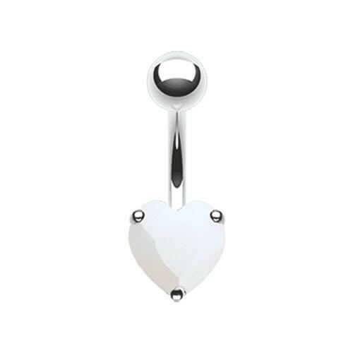 Colorline Cubic Zirconia Heart Prong Sparkle Belly Button Ring Navel Ring Impulse Piercings Rhodium Plated/Opal