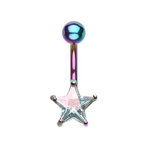 Colorline Cubic Zirconia Star Prong Sparkle Belly Button Ring Navel Ring Impulse Piercings Light Rainbow