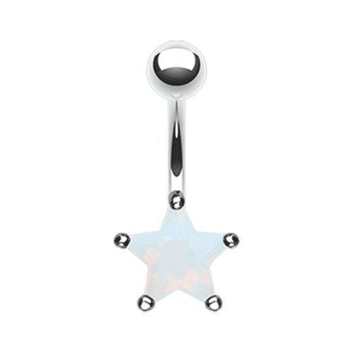 Colorline Cubic Zirconia Star Prong Sparkle Belly Button Ring Navel Ring Impulse Piercings Rhodium Plated/Opal