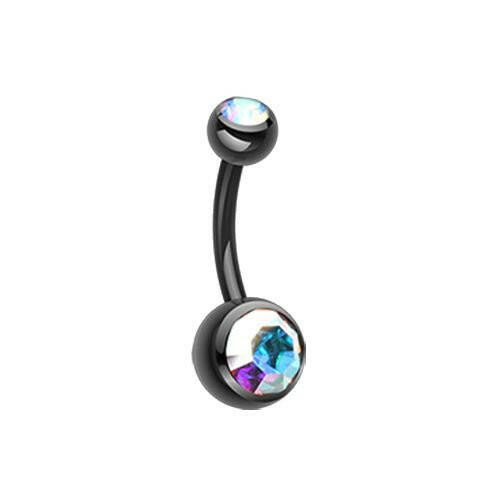 Colorline Double Gem Ball Steel Belly Button Ring Navel Ring Impulse Piercings 3/16x5/16" (5x8mm) Black/Aurora Borealis