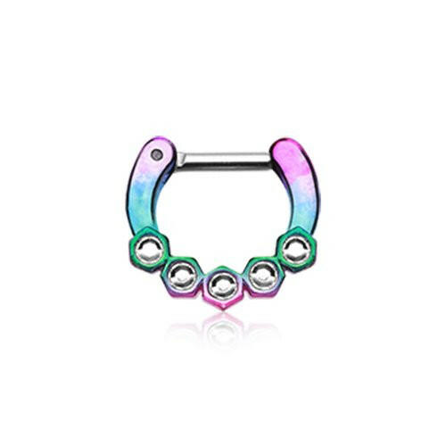 Colorline Hexa Gemina Sparkle Septum Clicker Septum Ring Impulse Piercings 16 GA (1.2mm) 1/4" (6mm) Rainbow/Clear