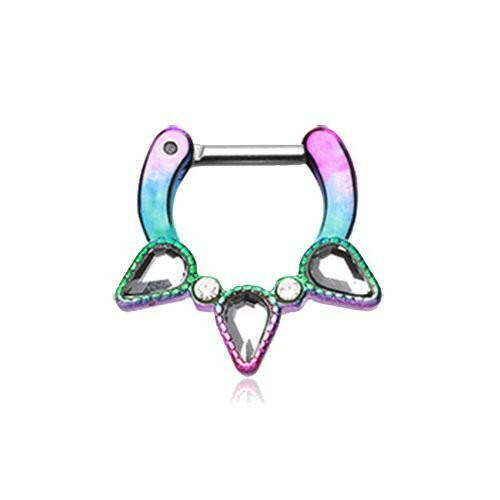 Colorline Sparkle Trident Septum Clicker Septum Ring Impulse Piercings 16 GA (1.2mm) 1/4" (6mm) Rainbow/Clear