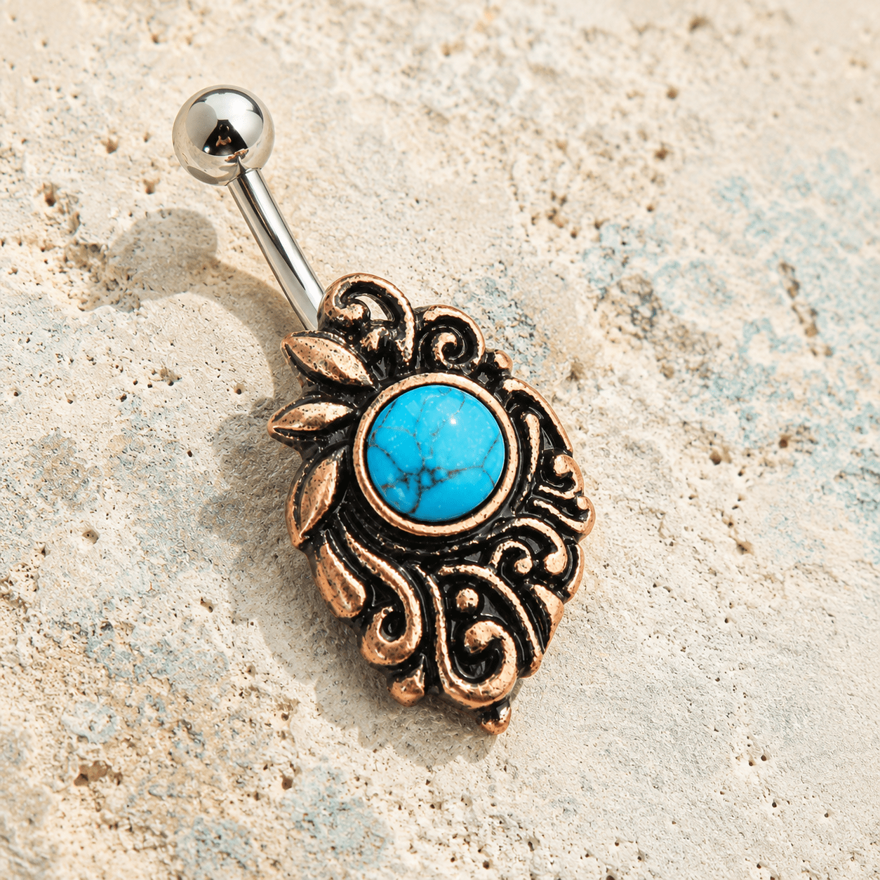 Side view of copper medieval turquoise navel ring, 14G black copper plated 316L steel 12x20mm