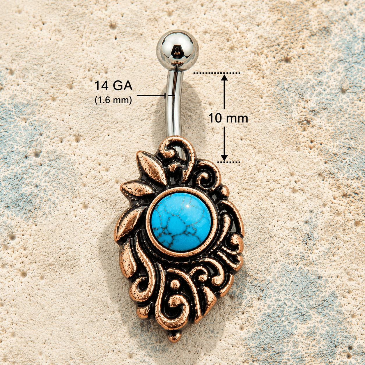 Copper medieval navel ring size chart, 14GA 1.6mm thickness 10mm length 12x20mm design measurements