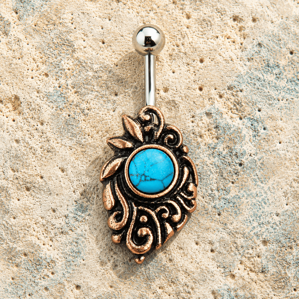 Copper medieval turquoise navel ring 14G, round turquoise stone black copper 316L stainless steel