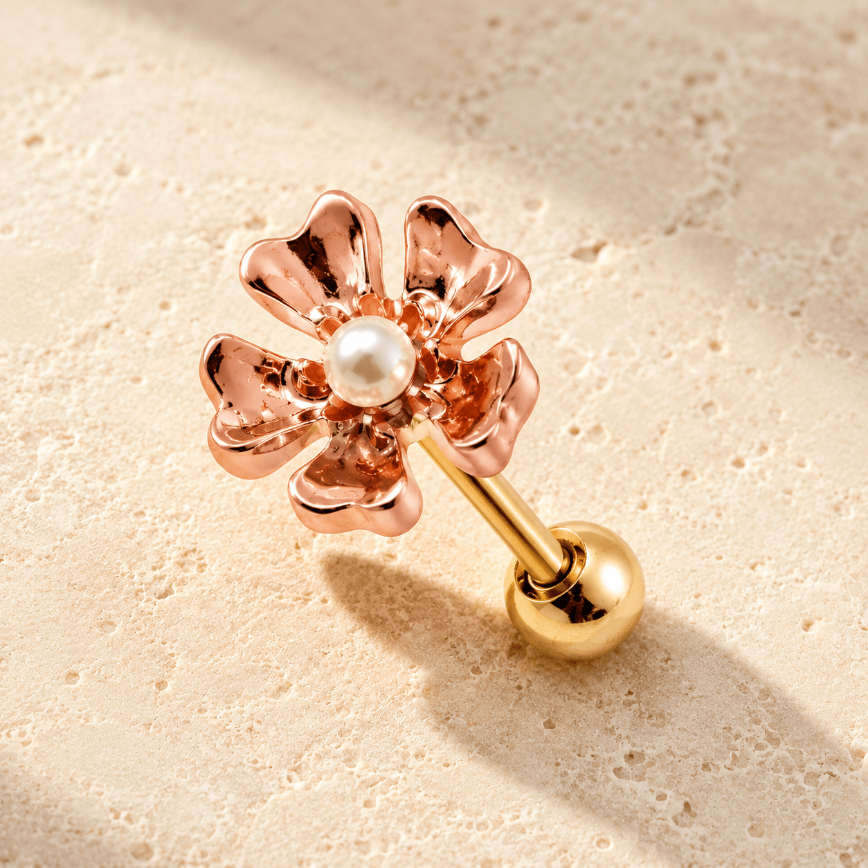 Copper Flower Pearl Cartilage Earring 16G Tragus