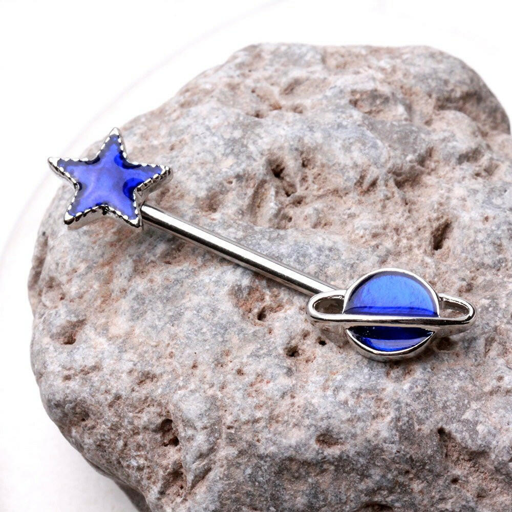 Cosmic Blue Galaxy Nipple Bar in Stainless Steel