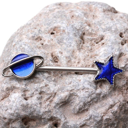 Cosmic Blue Galaxy Nipple Bar in Stainless Steel