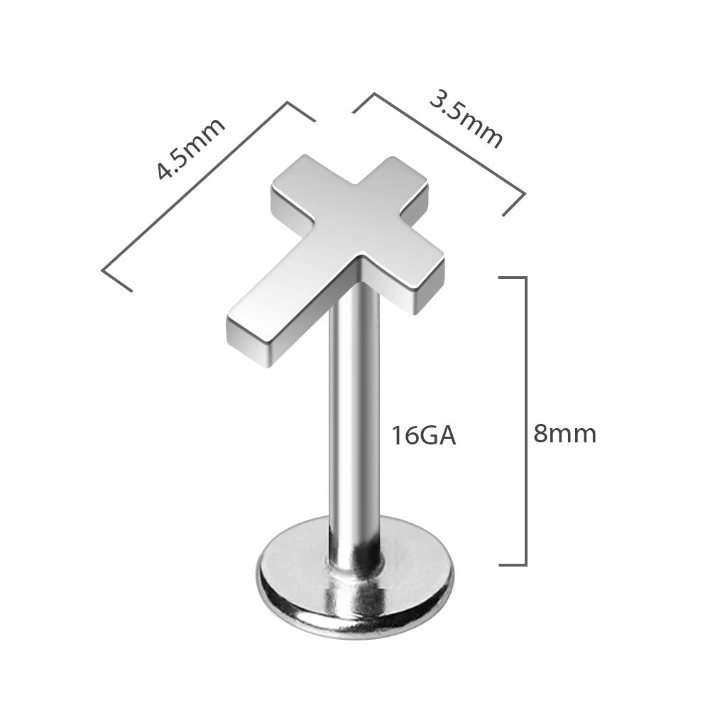 Cross labret stud measurements 16GA 8mm bar, 3.5 x 4.5mm cross top, internally threaded 316L stainless steel