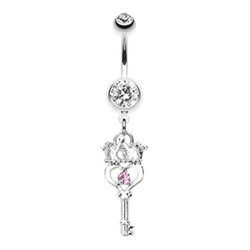 Crowned Heart Key Belly Button Ring Navel Ring Impulse Piercings Clear/Pink