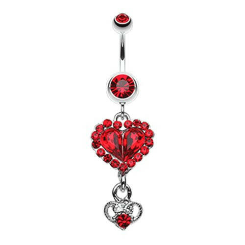 Crystal Heart in Heart Belly Button Ring Navel Ring Impulse Piercings Red