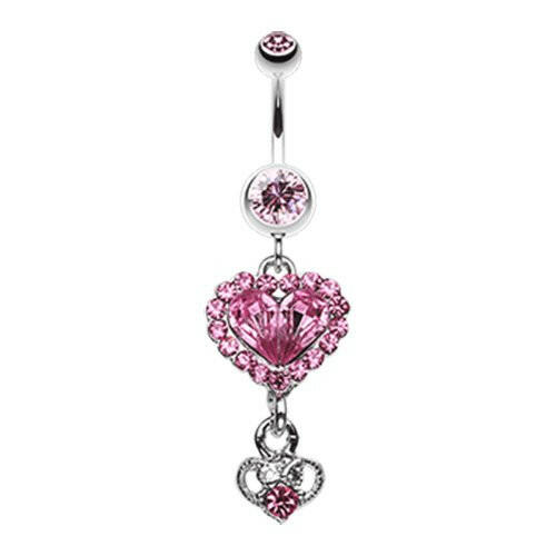 Crystal Heart in Heart Belly Button Ring Navel Ring Impulse Piercings Light Pink