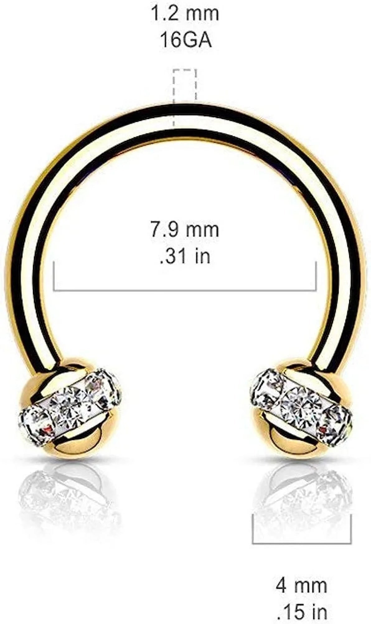 Crystals Paved Around ball Gold PVD Over 316L Surgical Steel Horseshoes for Ear Cartilage, Daith, Eyebrow, Nose Septum and More Horseshoe Skin Metals