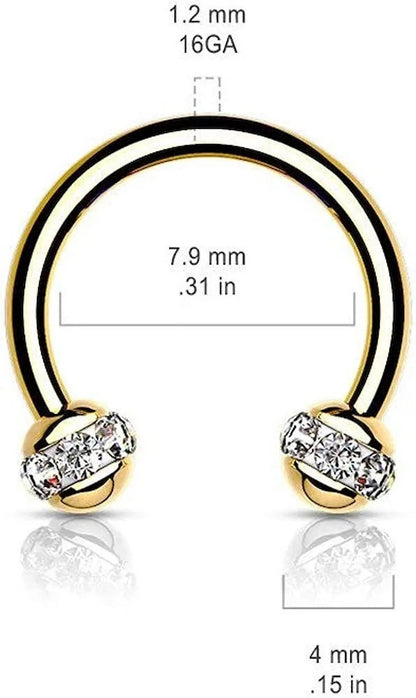 Crystals Paved Around ball Gold PVD Over 316L Surgical Steel Horseshoes for Ear Cartilage, Daith, Eyebrow, Nose Septum and More Horseshoe Skin Metals