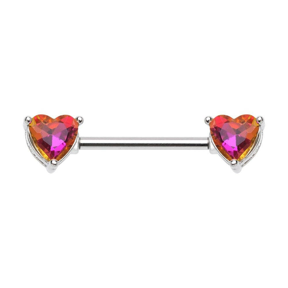 Cubic CZ Iridescent Double Heart Gem Nipple Barbell Ring Nipple Ring Impulse Piercings 14 GA Length (16mm)