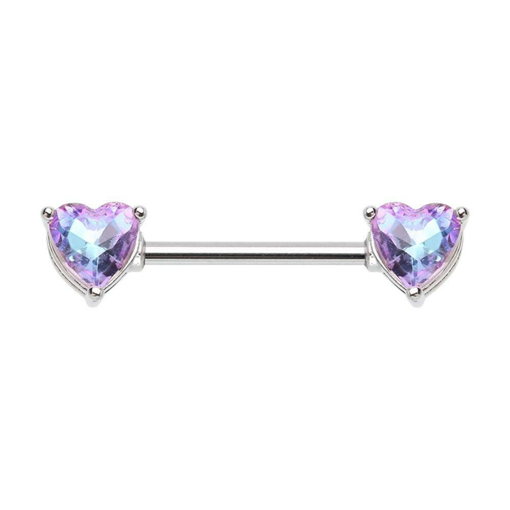 Cubic CZ Iridescent Double Heart Gem Nipple Barbell Ring Nipple Ring Impulse Piercings 14 GA Length (16mm)