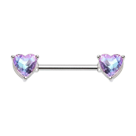 Cubic CZ Iridescent Double Heart Gem Nipple Barbell Ring Nipple Ring Impulse Piercings 14 GA Length (16mm)