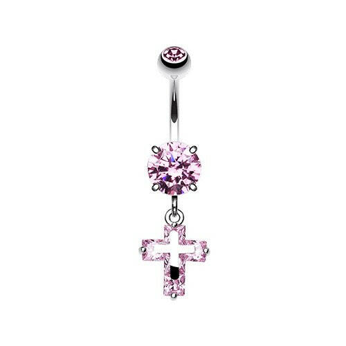 Cubic Zirconia Cross on Cross Sparkle Belly Button Ring Navel Ring Impulse Piercings Pink