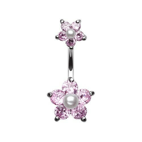 Cubic Zirconia Sparkle Pearl Bead Flower Belly Button Ring Navel Ring Impulse Piercings Pink