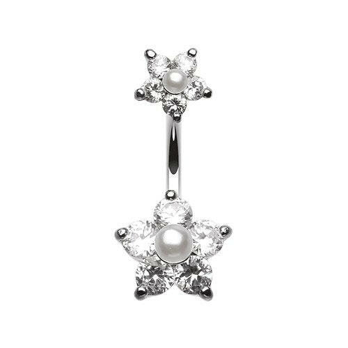 Cubic Zirconia Sparkle Pearl Bead Flower Belly Button Ring Navel Ring Impulse Piercings Clear