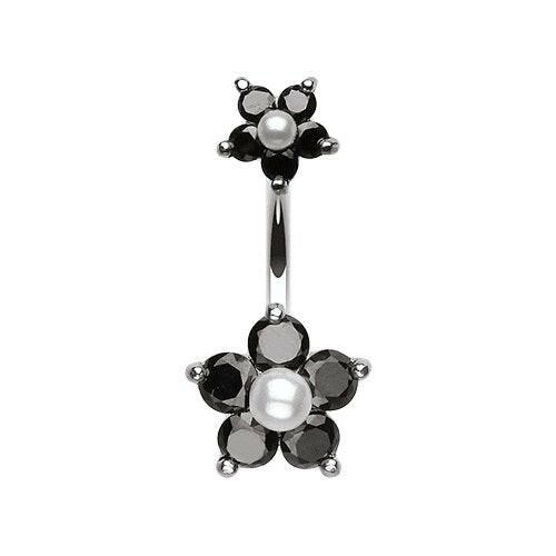 Cubic Zirconia Sparkle Pearl Bead Flower Belly Button Ring Navel Ring Impulse Piercings Black