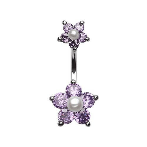 Cubic Zirconia Sparkle Pearl Bead Flower Belly Button Ring Navel Ring Impulse Piercings Tanzanite