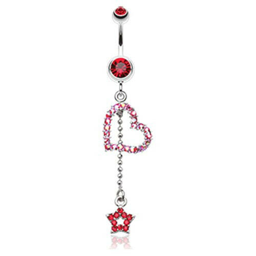 Curved Heart Star Sparkle Belly Button Ring Navel Ring Impulse Piercings Red/Aurora Borealis