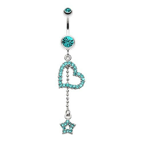 Curved Heart Star Sparkle Belly Button Ring Navel Ring Impulse Piercings Teal