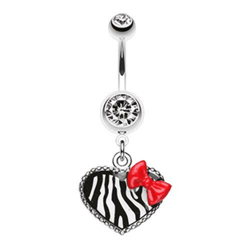 Cute Zebra Heart Red Bow Charm Belly Button Ring Navel Ring Impulse Piercings Clear