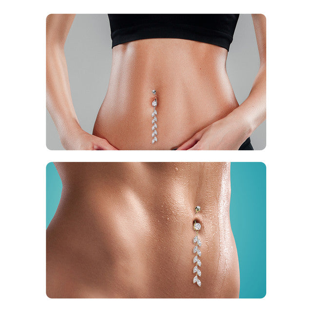 Surgical Steel Double Jeweled Belly Button Ring With Vertical Drop Marquise CZ Petals Navel Rings Skin Metals