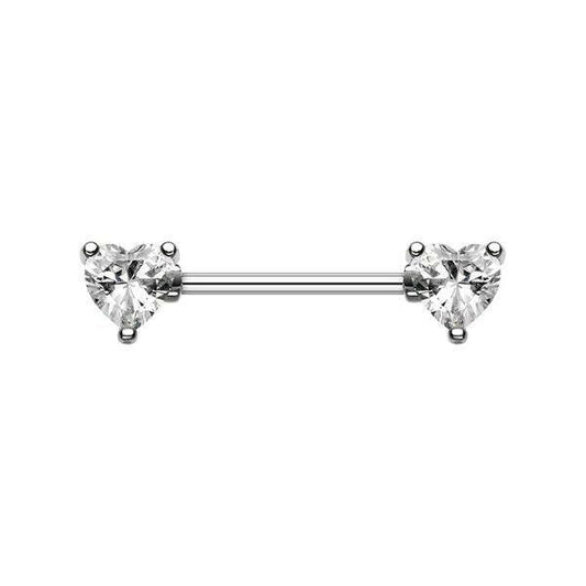 CZ Double Heart Gem Nipple Barbell Ring Nipple Ring Impulse Piercings 14 GA Length (16mm)